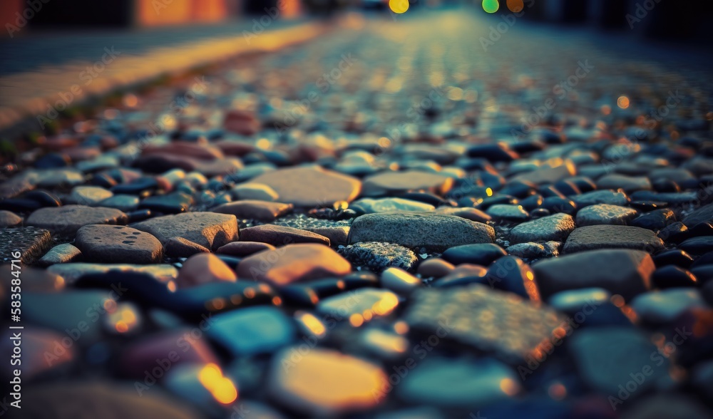Fototapeta premium a close up of a cobblestone street with a traffic light in the background. generative ai