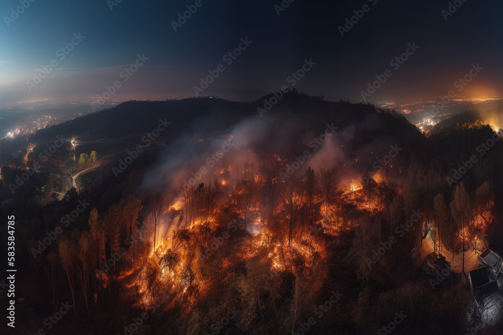 Aerial view of large scale wildfire at night. Generative AI Aerial view of large scale wildfire at night. Generative AI