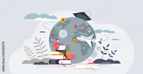 Study abroad programs for global education learning tiny person concept. International knowledge learning from foreign university, school or college vector illustration. Worldwide academic training.
