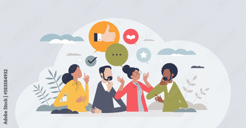 Soft skills as positive teamwork communication ability tiny person concept. Partnership and collaboration for business project with empathy, common sense and social intelligence vector illustration. - obrazy, fototapety, plakaty 