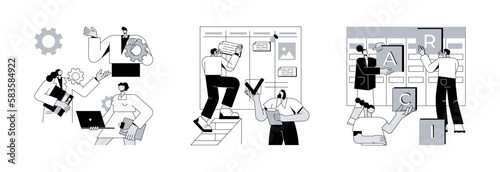 Developers team management abstract concept vector illustration set. Dedicated team, task management, RACI matrix, outsource, productivity online platform, responsibility chart abstract metaphor.