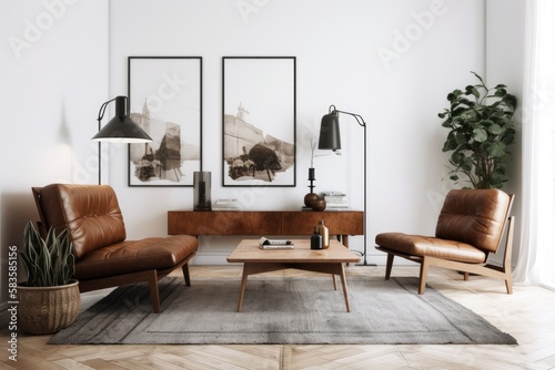 Interior of living room with leather armchair, carpet, floor lamp, and coffee table on hardwood floors. Two blank horizontal posters on white wall. Generative AI