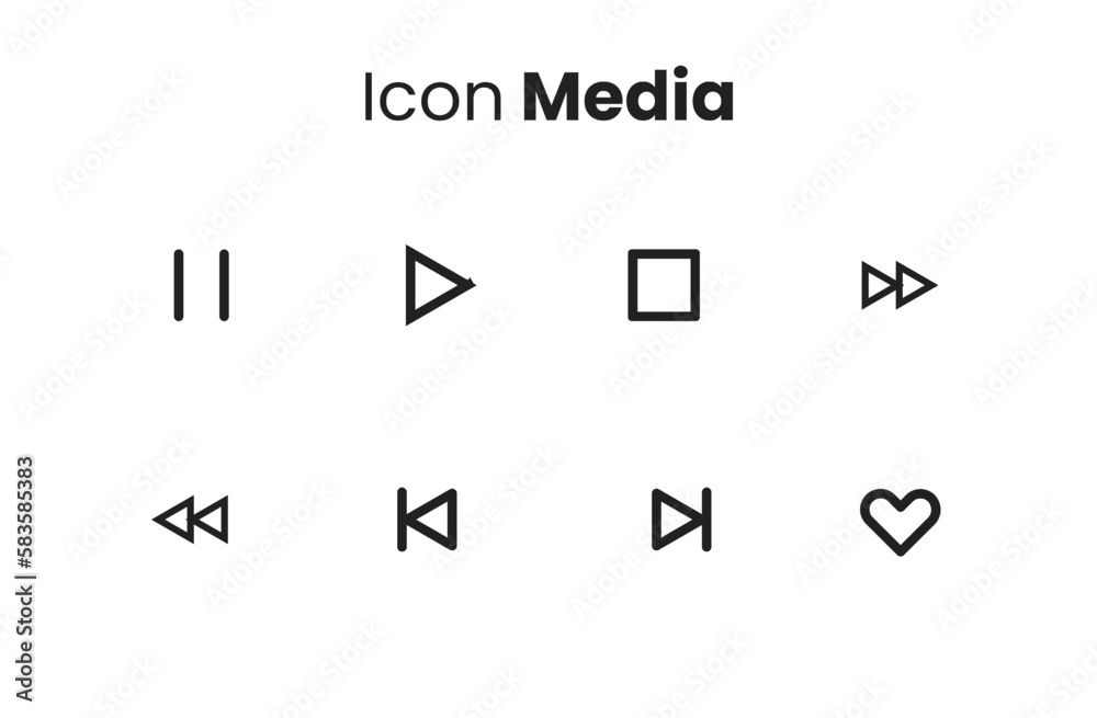 Icon media in bundle with eight icon. play, pause, stop, forward, rewind, and favorites icon. suitable for your UI design, or graphic resources, mobile app and music player resources.