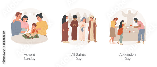 Christian festivals isolated cartoon vector illustration set. Christian family celebrating Advent Sunday, gathering on All Saints Day, lighting lamps at memorial on Ascension Day vector cartoon.