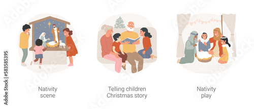 Christmas stories isolated cartoon vector illustration set. Group of diverse little kids standing near Jesus crib scene, telling children Christmas story, nativity play performance vector cartoon.