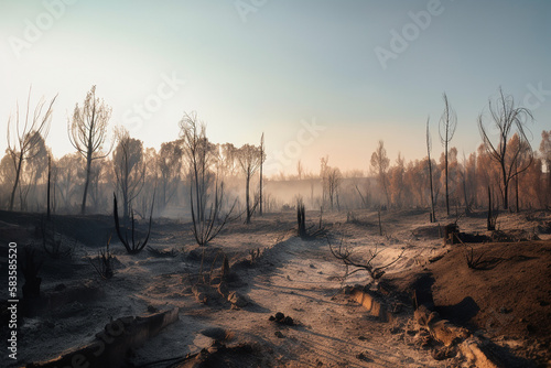 Burnt trees after a forest fire. consequences. Generative AI