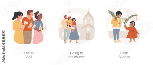 Easter day isolated cartoon vector illustration set. Easter Vigil celebration, family going to the church with a basket, Palm Sunday, diverse children holding palm branches vector cartoon.