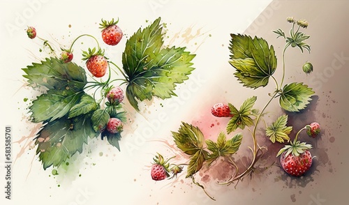  a painting of strawberries and leaves on a white background.  generative ai