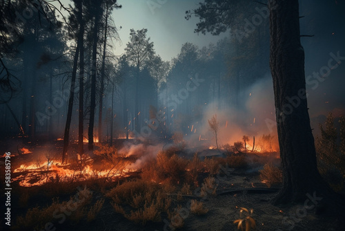 Forest fire, flames and smoke among the trees.Generative AI © xartproduction