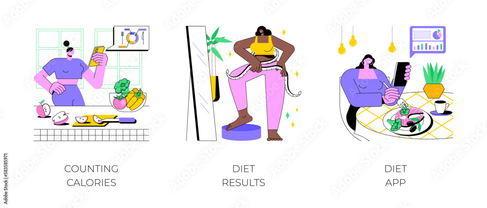 Weight loss program isolated cartoon vector illustrations set. Girl counting calories with smartphone app, meal plan, women measure waist, looking at mirror, happy with diet result vector cartoon. Weight loss program isolated cartoon vector illustrations set. Girl counting calories with smartphone app, meal plan, women measure waist, looking at mirror, happy with diet result vector cartoon.