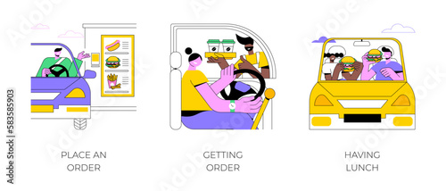 Drive in restaurant isolated cartoon vector illustrations set. People drive in for ordering takeaway food and drinks, get order from restaurant worker, eating yummy burger in the car vector cartoon.