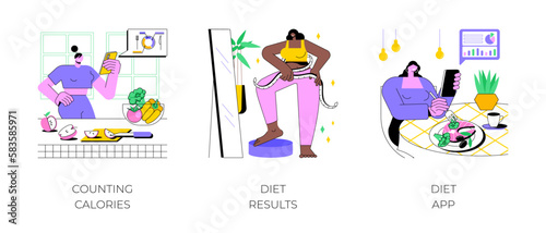 Weight loss program isolated cartoon vector illustrations set. Girl counting calories with smartphone app, meal plan, women measure waist, looking at mirror, happy with diet result vector cartoon.