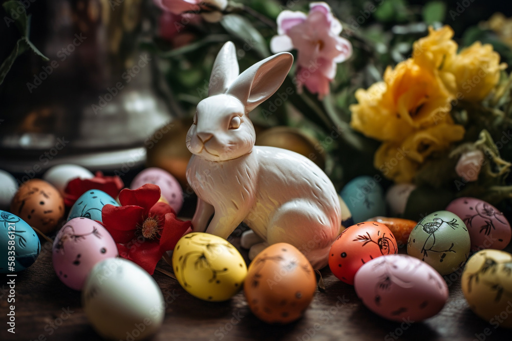 Easter holiday. colorful eggs and easter bunnies. Generative AI Easter holiday. colorful eggs and easter bunnies. Generative AI