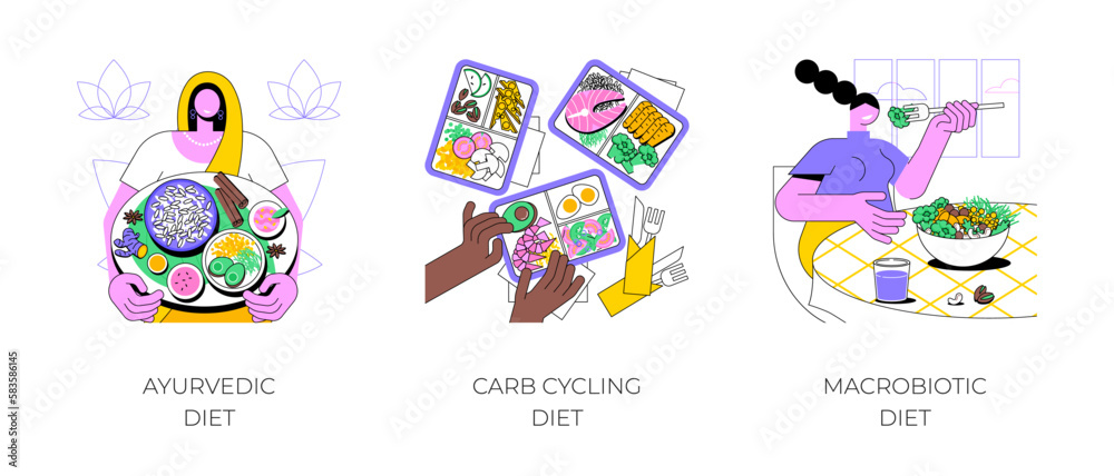 Healthy nutrition plan isolated cartoon vector illustrations set. Ayurvedic food philosophy, meal bowl, carb cycling plan, lunchbox with different food proportions, macrobiotic diet vector cartoon.