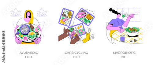 Healthy nutrition plan isolated cartoon vector illustrations set. Ayurvedic food philosophy, meal bowl, carb cycling plan, lunchbox with different food proportions, macrobiotic diet vector cartoon.