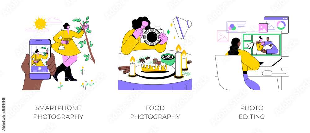Photography as a hobby isolated cartoon vector illustrations set. Holding smartphone, taking picture, make professional food photos, use editing software, image processing vector cartoon.