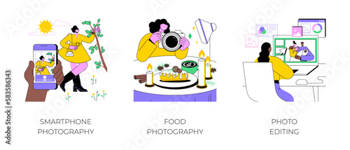 Photography as a hobby isolated cartoon vector illustrations set. Holding smartphone, taking picture, make professional food photos, use editing software, image processing vector cartoon.