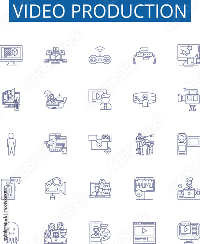 Video production line icons signs set. Design collection of Cinematography, Filming, Editing, Animating, Directing, Sound Effects, Music, Lighting outline concept vector illustrations