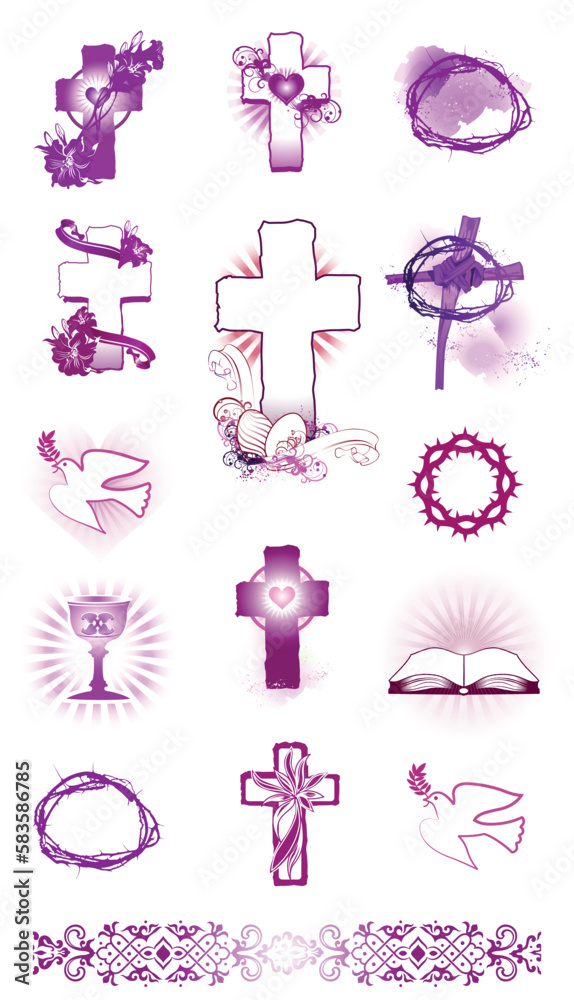 Set of religious signs. Cross with dove, holy spirit, bible. Design elements for emblem, sign, badge. Vector illustration