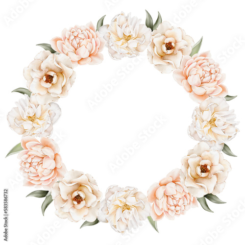 Watercolor floral wreath of white, peach, pink flowers, green leaves. Illustrations, isolated on white background for wedding invitations, postcards photo