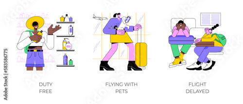 Airport routine isolated cartoon vector illustrations set. Buying perfume in duty free shop, retail outlet, flying with pets, going on vacation, flight delayed, waiting for departure vector cartoon.