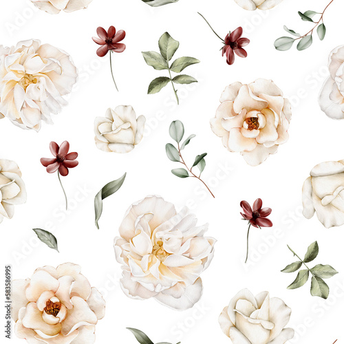 Seamless watercolor pattern with delicate white and marsala flowers, leaves, branches. Botanic tile, background. Floral pattern for wrapping or fabric photo