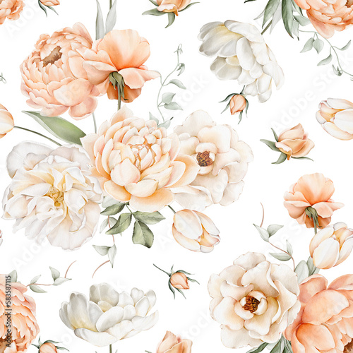 Seamless watercolor pattern with delicate white, pink, peach flowers, green leaves, branches. Botanic tile, background. Floral pattern for or fabric.
