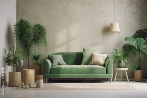 Plants and sofa furniture in a minimalist setting. Stylish green room decor. Generative AI © 2rogan