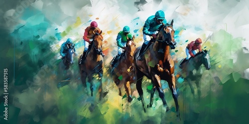 courses hippique, chevaux et jockey stylisé en peinture moderne - illustration ia 