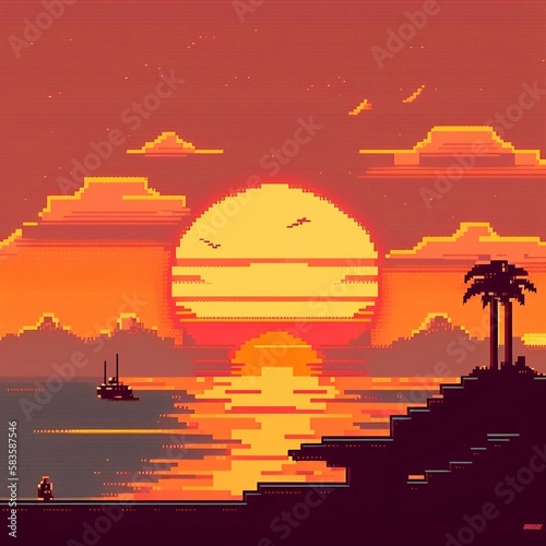 sunset in 70th's style pixel art. Ai generated.
