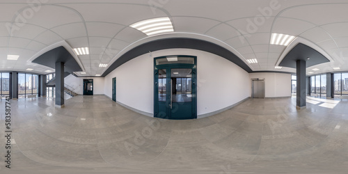 full seamless spherical hdri 360 panorama view in empty modern hall with columns  doors and panoramic windows in equirectangular projection  ready for AR VR content
