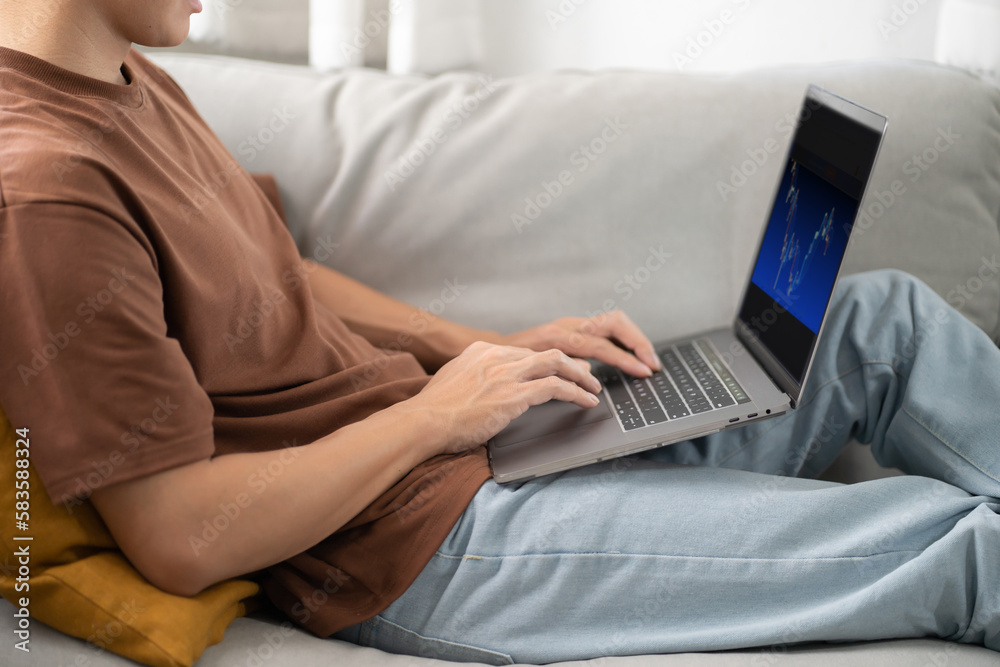 Man work from home. work online on laptop. Asian businessman working online business concept with social distancing laptop online meeting.