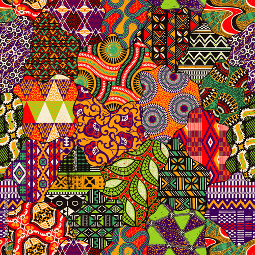 Traditional ethnic African fabric patchwork wallpaper vintage abstract vector seamless pattern
