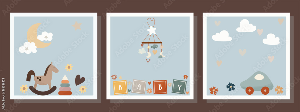 A set of children's postcards. Cards for the first birthday. Postcards for newborns. Children's elements. Children's design A set of children's postcards. Cards for the first birthday. Postcards for newborns. Children's elements. Children's design