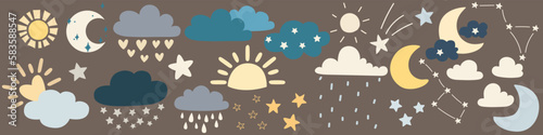 Set of vector elements. Clouds, sun, moon, stars, constellations, night sky