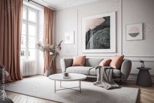 Interior of a Scandinavian apartment with a cozy couch. Generative AI © 2rogan