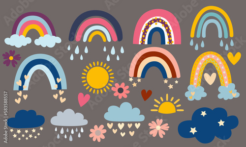 Set of vector elements. Clouds, rainbows, sun, moon, stars