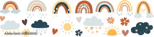 Set of vector elements. Clouds, rainbows, sun, moon, stars