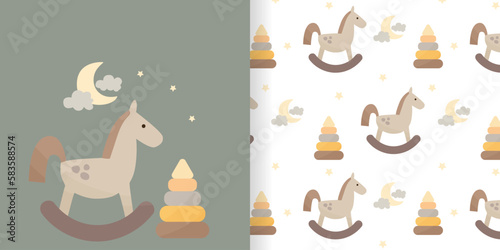 Children's postcard with a seamless pattern. Wooden horse. Swing. A set of children's toys