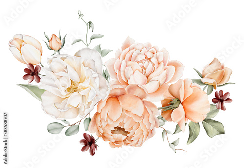 Canvastavla Watercolor floral bouquet of white, peach, pink flowers, green leaves