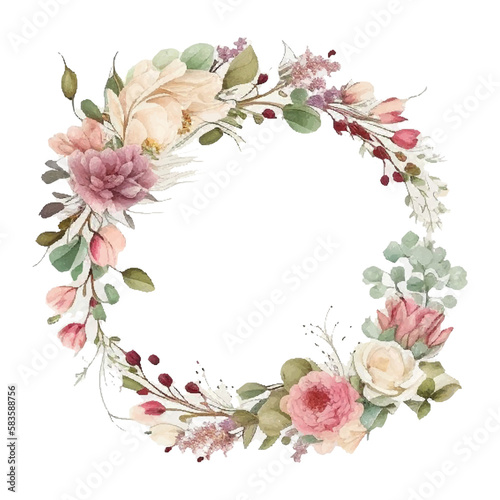 Wreath with flowers  leaves and branches in vintage watercolor style. Vector circle frame