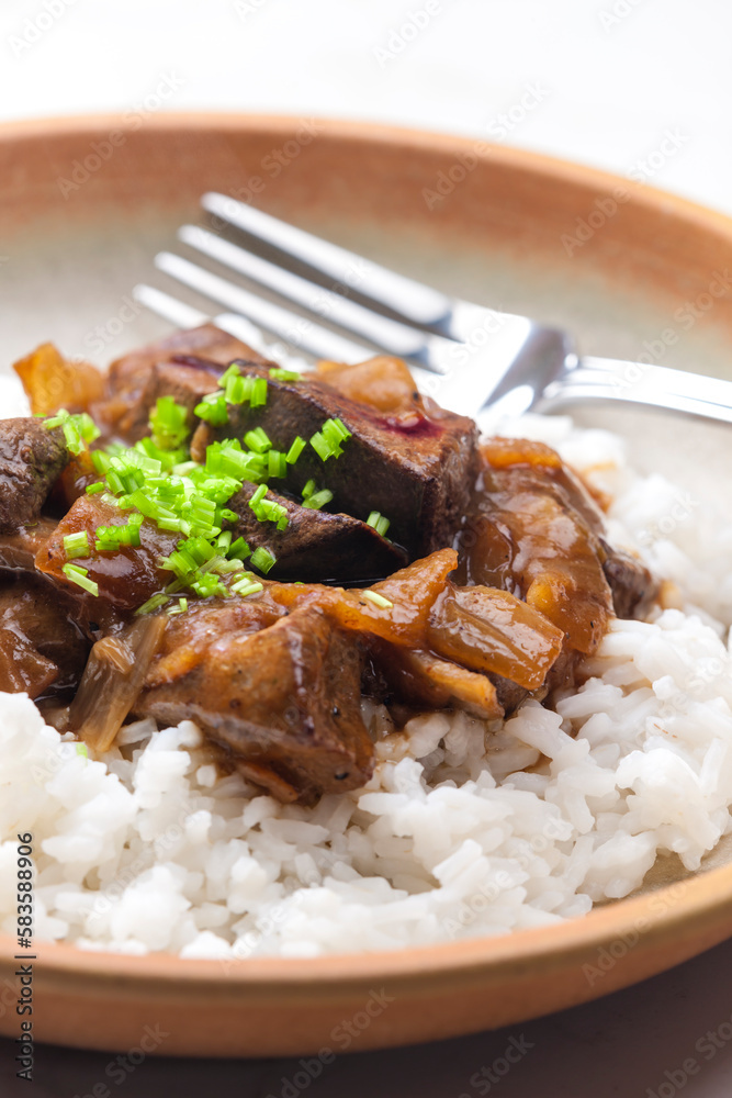 Chinese beef meat with soy sauce served with rice Chinese beef meat with soy sauce served with rice