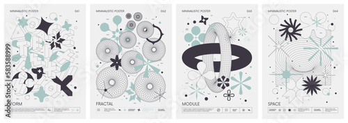 Brutalist style vector minimalistic Posters with strange wireframes graphic assets of geometrical shapes and silhouette basic figures, Modern color print artwork, set 16