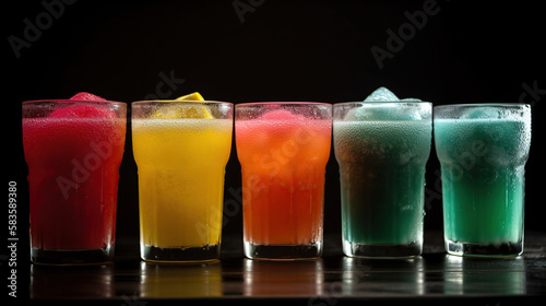 Glasses full of tasty slush drinks in a row on black background. Generative Ai