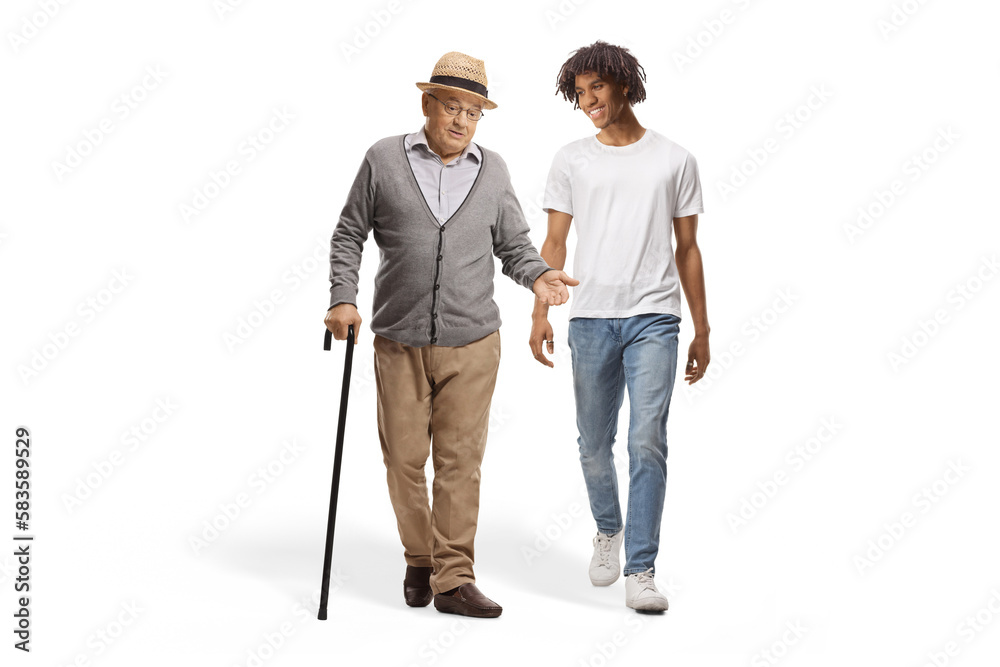Full length portrait of an african american guy smiling and walking together with an elderly man Full length portrait of an african american guy smiling and walking together with an elderly man