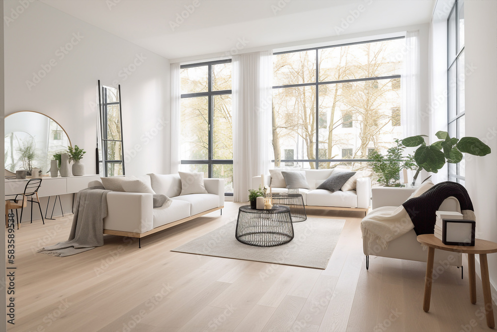 Generative AI luxurious interior design of open space living room. Generative AI luxurious interior design of open space living room.