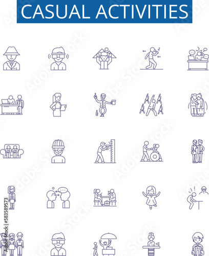 Casual activities line icons signs set. Design collection of Sports, Movies, Eating, Shopping, Games, Socializing, Hiking, Jogging outline concept vector illustrations