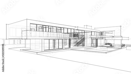 Fototapeta Naklejka Na Ścianę i Meble -  Modern villa architectural sketch 3d illustration