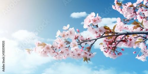 Pink cherry blossoms on a tree branch isolated against a background of sky with clouds on a beautiful spring morning.