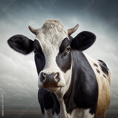 Portrait of a mottled cow. Horns, cloud background. Generated by AI